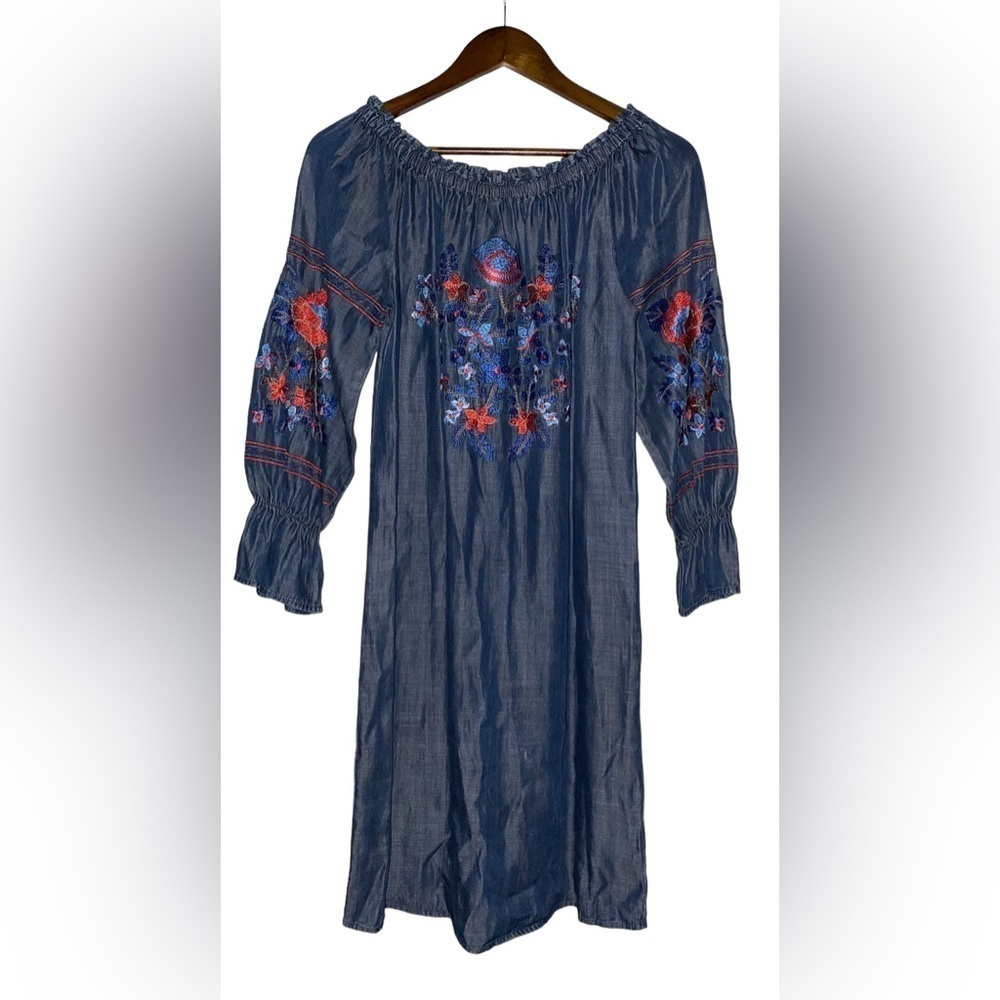 Philosophy Chambray Embroidered Floral Peasant Mini Dress‎ Women S Boho Pullover